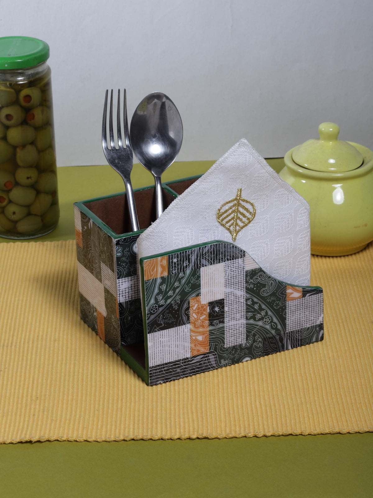 Green Paisley Patterned MDF Tissue Holder & Cutlery Stand