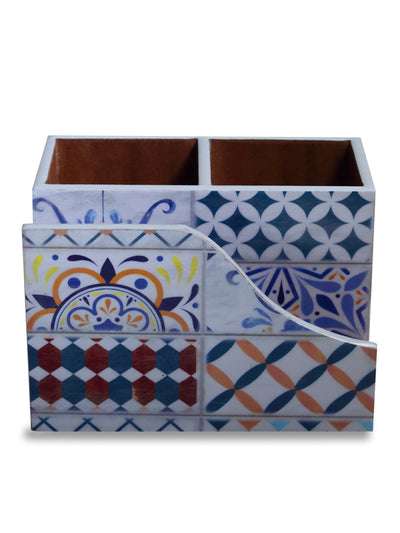 White Ethnic Motifs Patterned MDF Tissue Holder & Cutlery Stand