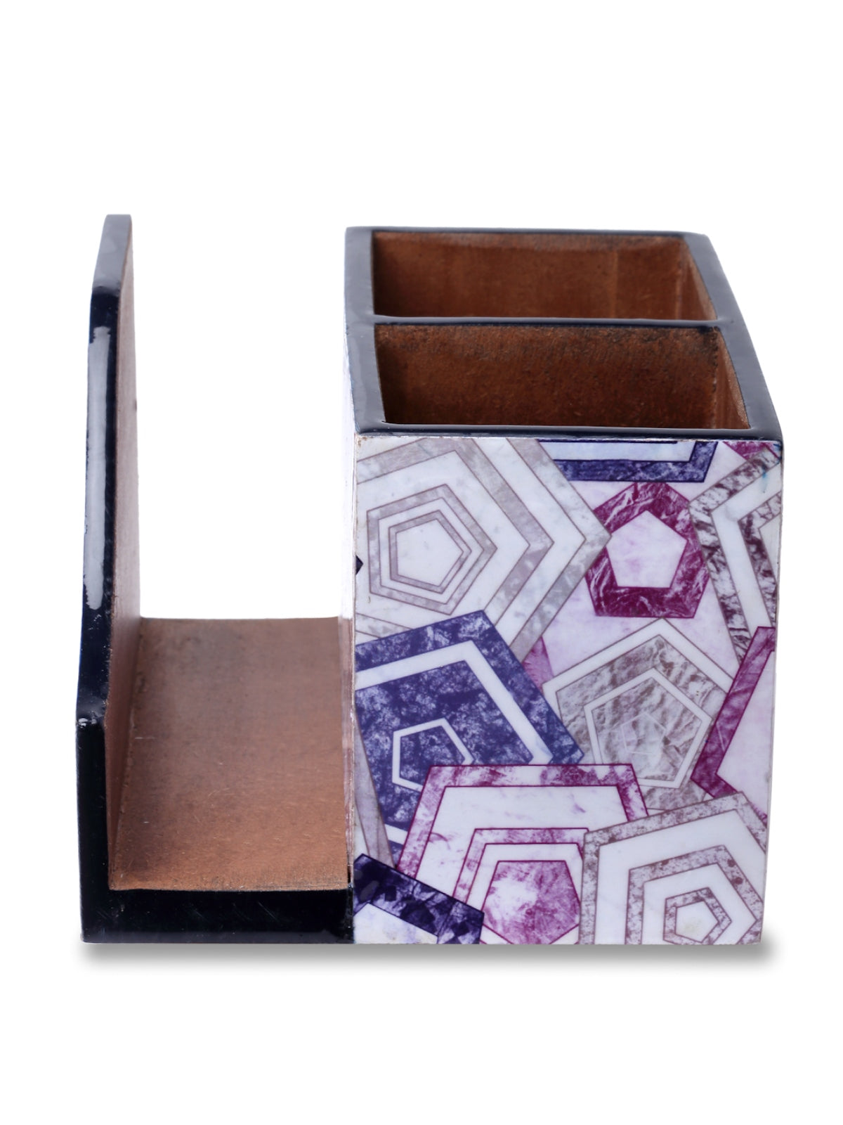 White & Purple Geometric Patterned MDF Tissue Holder & Cutlery Stand