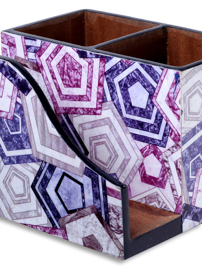 White & Purple Geometric Patterned MDF Tissue Holder & Cutlery Stand