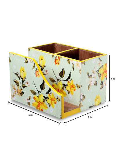 Green Floral Patterned MDF Tissue Holder & Cutlery Stand