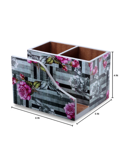 Grey Floral Patterned MDF Tissue Holder & Cutlery Stand
