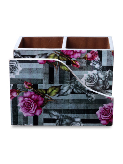Grey Floral Patterned MDF Tissue Holder & Cutlery Stand