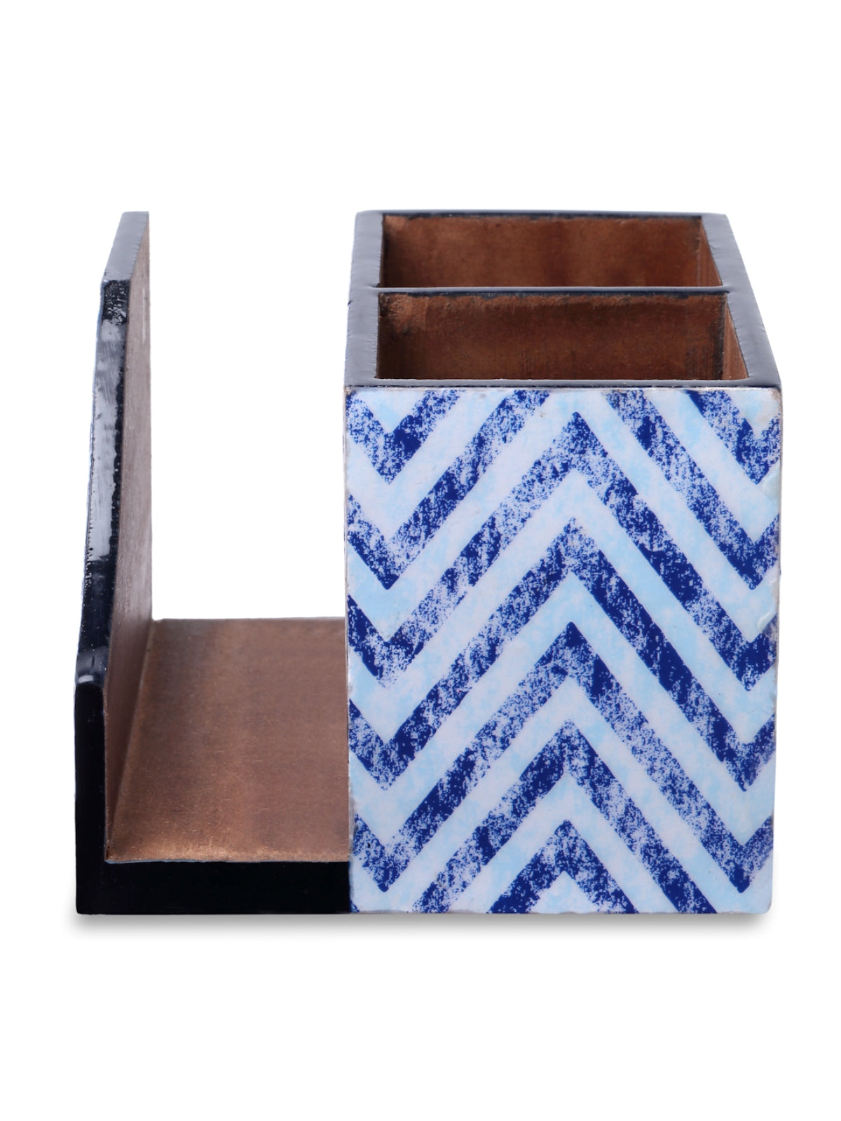 Blue & White Zig Zag Patterned MDF Tissue Holder & Cutlery Stand
