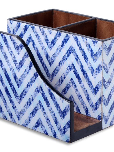 Blue & White Zig Zag Patterned MDF Tissue Holder & Cutlery Stand