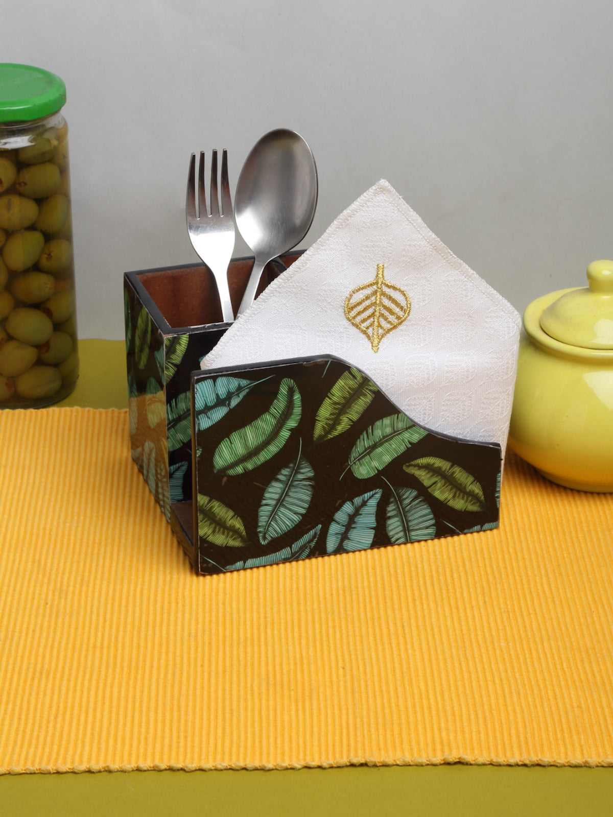 Green Leaf Patterned MDF Tissue Holder & Cutlery Stand
