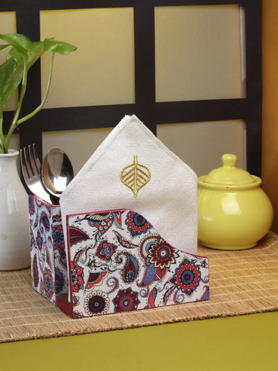 White & Blue Paisley Patterned Tissue & Cutlery Holder