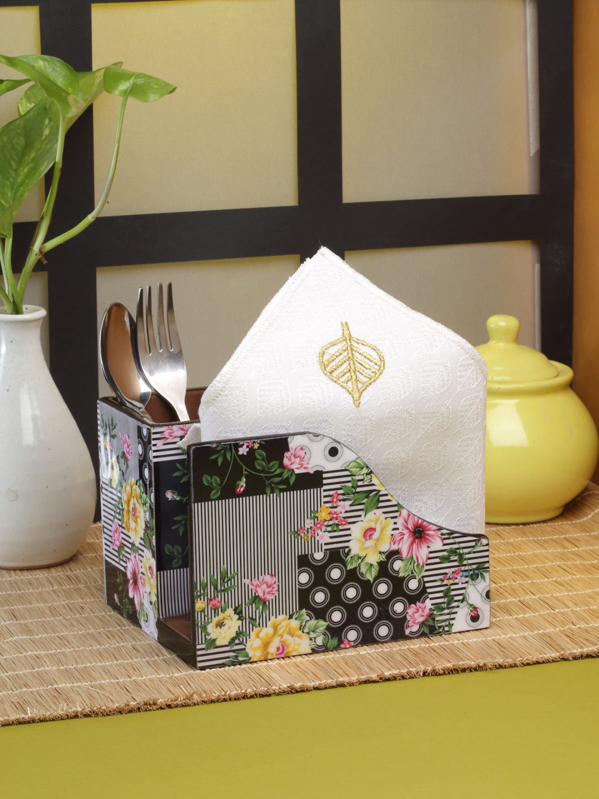 Green & White Floral Patterned Tissue & Cutlery Holder