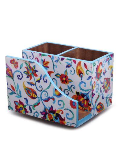 White & Blue Floral Patterned Tissue & Cutlery Holder