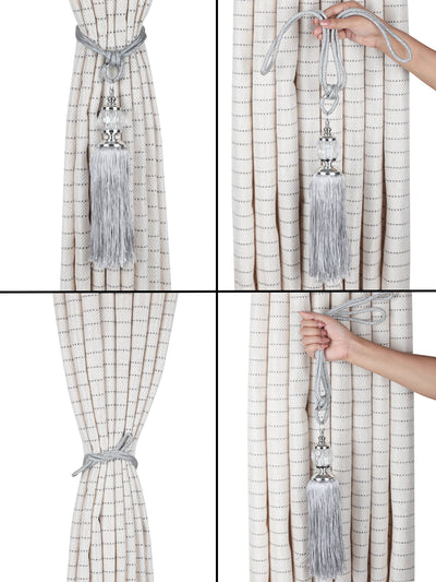 Silver Polyester Set of 2 Door Curtains Tassel Tieback