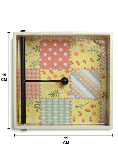 Yellow Floral Patterned Wooden Tissue Square Tray