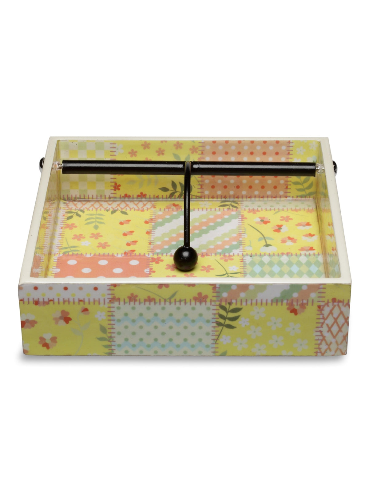 Yellow & Peach Floral Patterned Wooden Tissue Square Tray