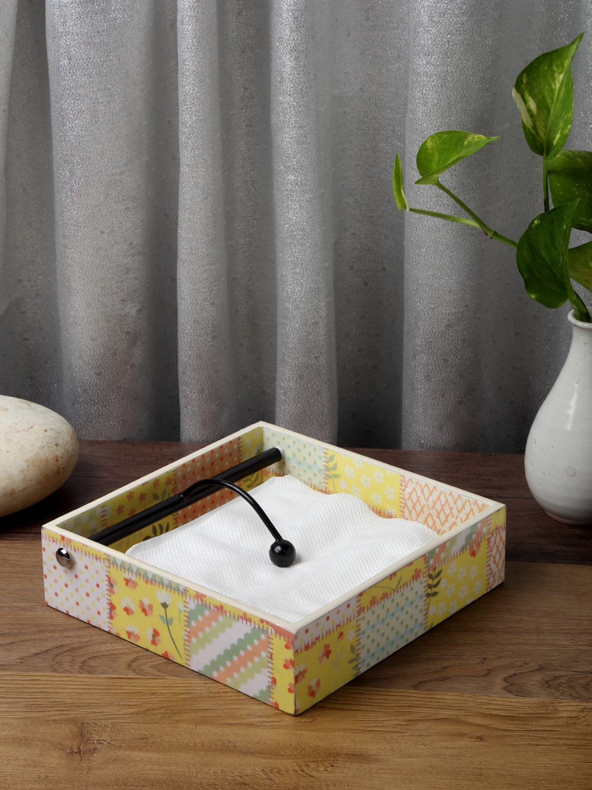 Yellow & Peach Floral Patterned Wooden Tissue Square Tray