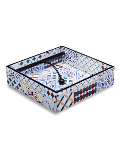 Blue & White Ethnic Motifs Patterned Wooden Tissue Square Tray