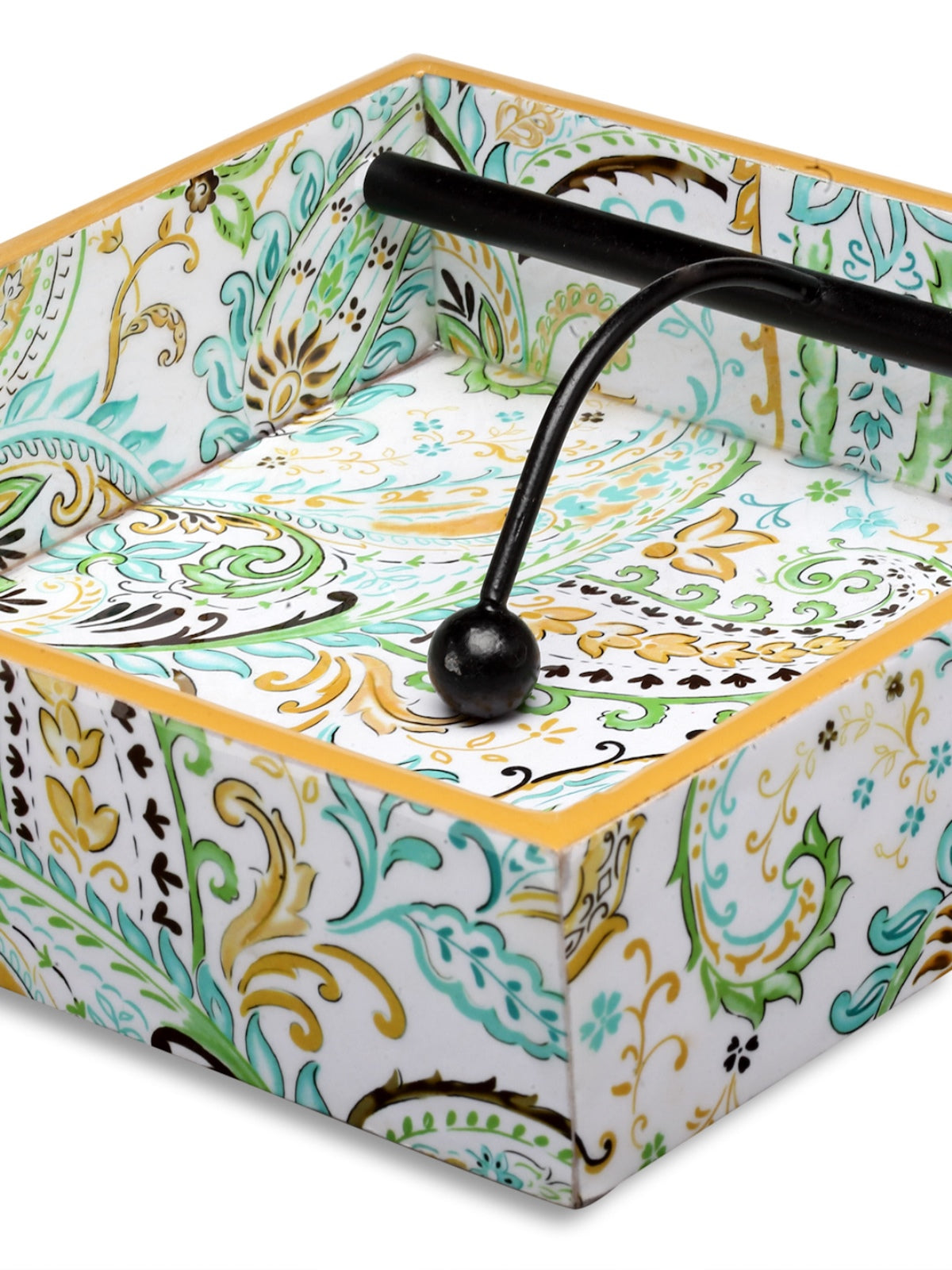 Green & White Paisley Patterned Wooden Tissue Square Tray