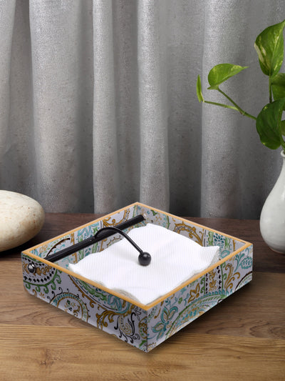 Green & White Paisley Patterned Wooden Tissue Square Tray