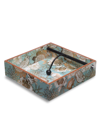 Green & Brown Floral Patterned Wooden Tissue Square Tray