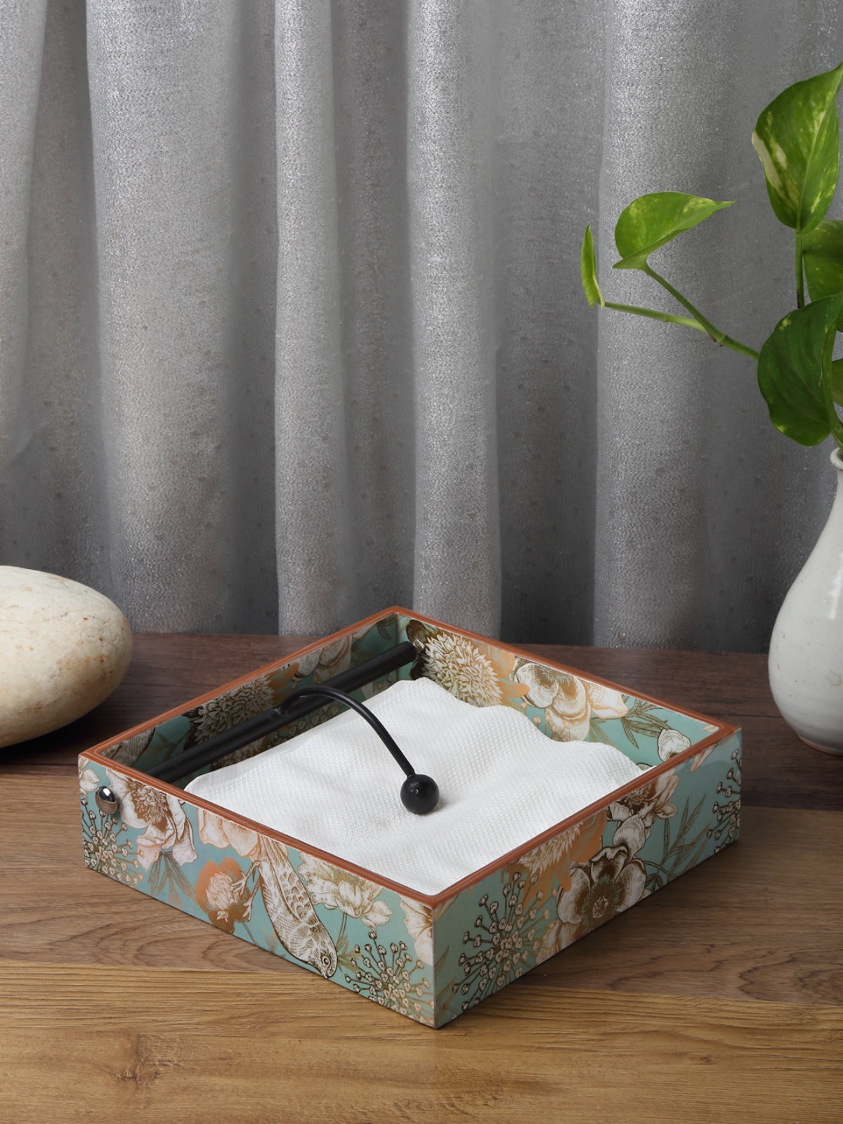 Green & Brown Floral Patterned Wooden Tissue Square Tray