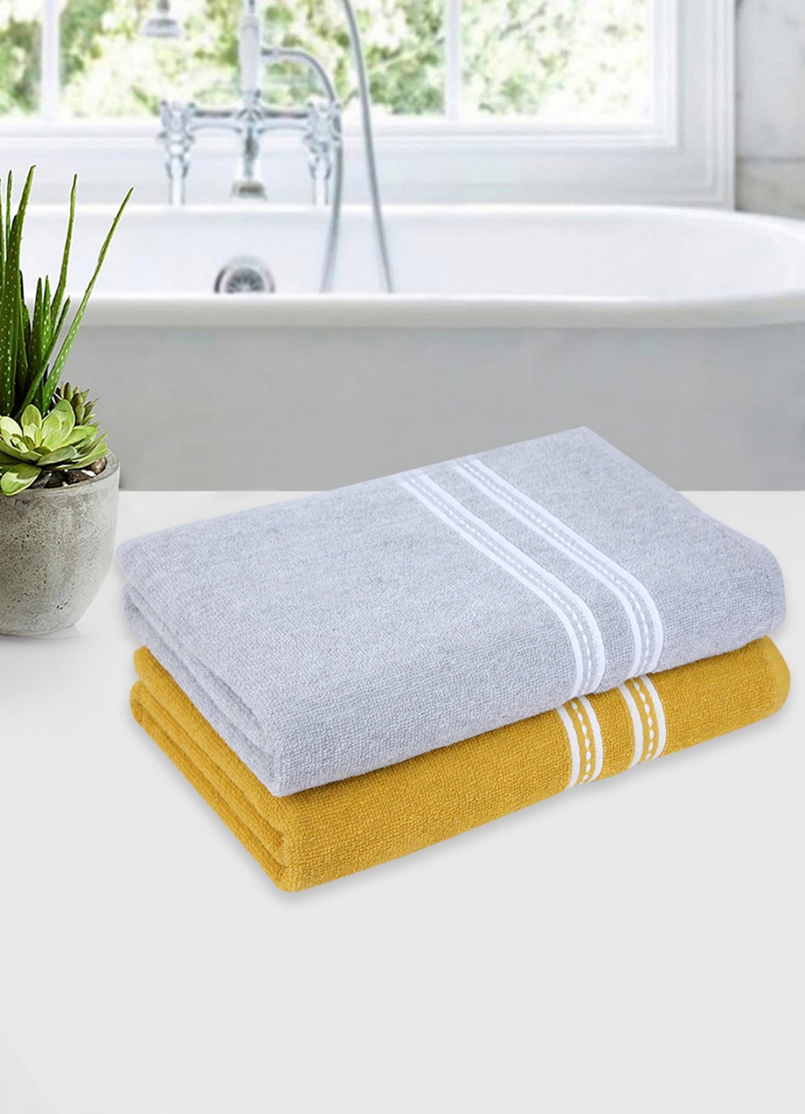 Set of 2 Yellow & Silver Solid Cotton Towels