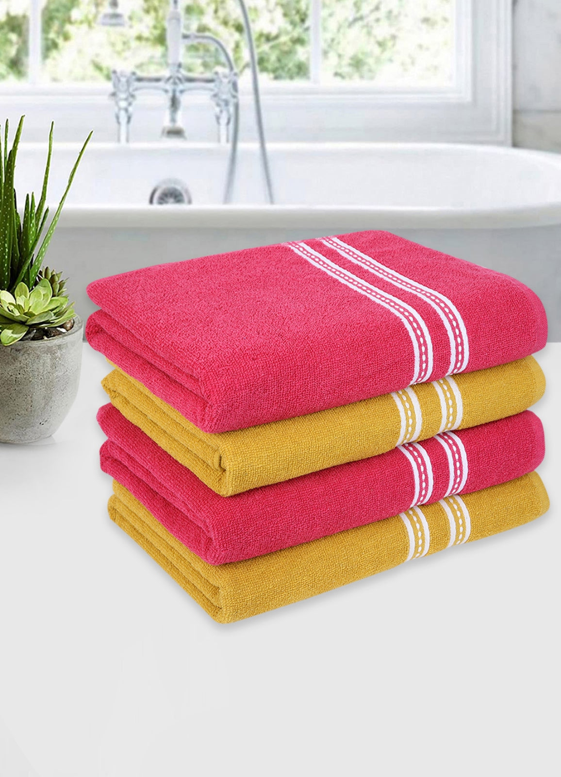 Set of 4 Pink & Yellow Solid Cotton Towels