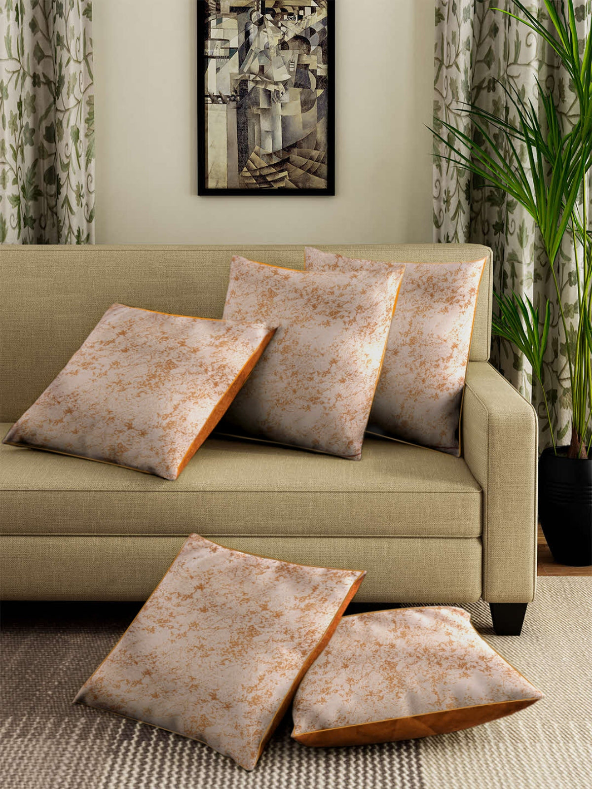 Soft Velvet Texture Designer Plain Cushion Cover 16x16 inches Set of 5 - Beige & Orange