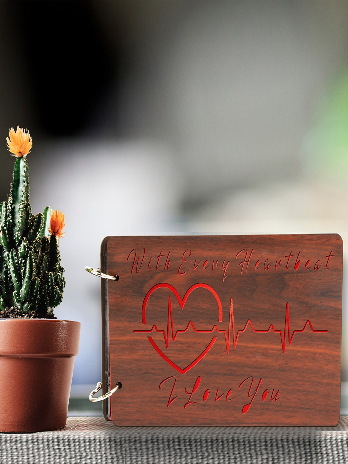 Wooden 'With Every Heartbeat, I Love You' Photo Album For Gifting & Memories