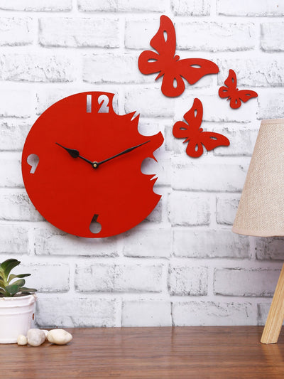 Butterfly Designer Wooden Wall Clock for Home, Red